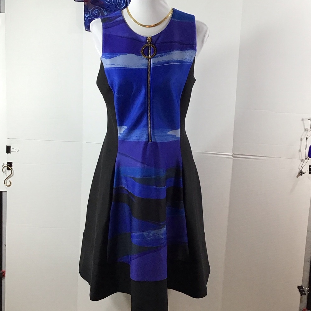 DKNY Vibrant Blue and Black scuba fit and flare dress 8